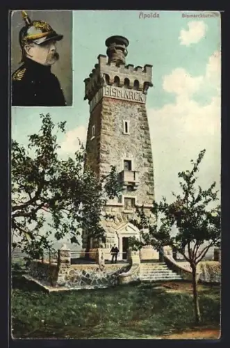 AK Apolda, Bismarkturm mit Wärter, Portrait Fürst Bismarck in Uniform