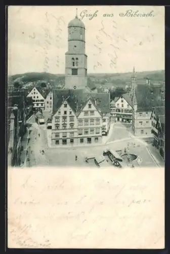 AK Biberach, Strassenpartie mit Kirche und Brunnen
