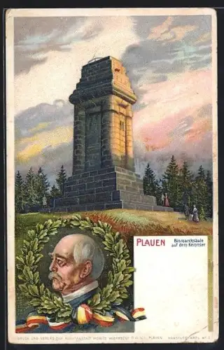 Lithographie Plauen, Bismarcksäule auf dem Kemmler, Moritz-Wieprecht-Verlag