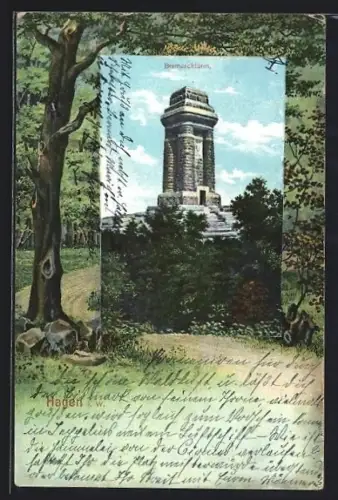 AK Hagen, Bismarckturm, Parkpartie, Passepartout