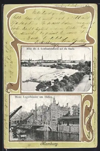 Lithographie Hamburg-Neustadt, Blick über die Lombardsbrücke auf die Stadt, Neue Lagerhäuser am Hafen, Passepartout
