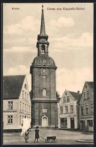 AK Kappeln-Schlei, Strassenpartie mit Restaurant und Kirche