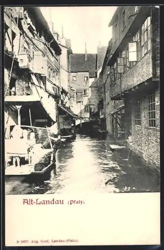 AK Alt-Landau /Pfalz, Flusspartie durch den Ort mit Wohnhäusern