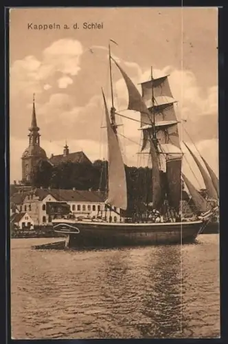 AK Kappeln a. d. Schlei, Segelboot mit Kirche im Hintergrund