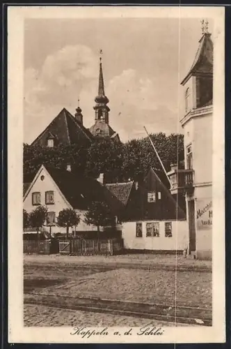AK Kappeln a. d. Schlei, Ortspartie mit Wohnhäusern und Kirche im Hintergrund