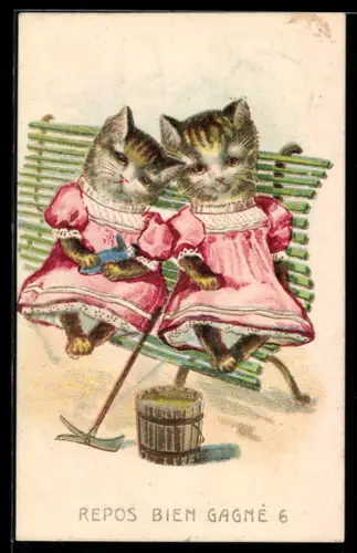 AK Zwei junge Katzen in rosafarbenen Kleidern auf einer Parkbank