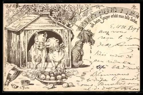 Künstler-AK sign. O. Fuchs: Hundepaar geniesst feine Speisen in der Hütte