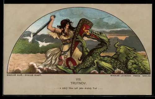 Künstler-AK sign. Mikolás Ales: St. Georg mit Schwert und Schild kämpft gegen einen Drachen