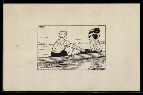 Künstler-AK sign. M. Rewald: Mann und Frau auf einem Ruderboot