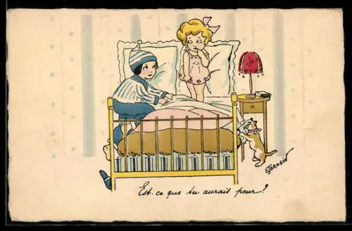 Künstler-AK sign. E. Jornein: Kinder auf einem Bett mit einer Katze daneben