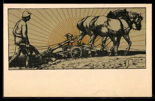 AK Bauer pflügt den Boden mit Hilfe eines Pferdegespanns