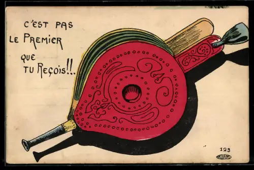 Künstler-AK sign. Ruam: C`est pas le premier que tu recois!!!, Blasebalg