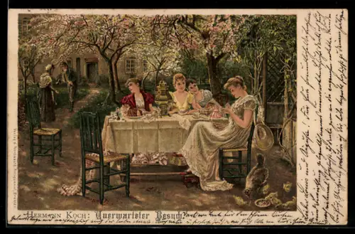 Künstler-AK Hermann Koch: Frauen beim Teetrinken im Garten, Unerwarteter Besuch