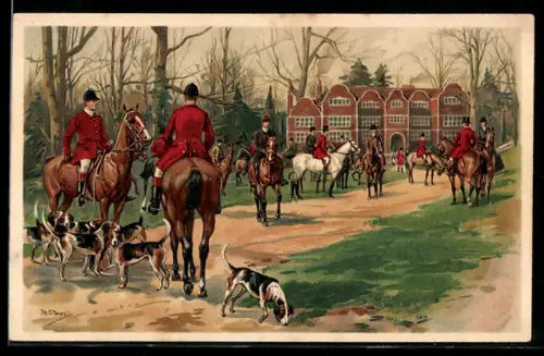 Künstler-AK sign. Stewart: Berittene Herrschaften vor der Jagd mit Hunden