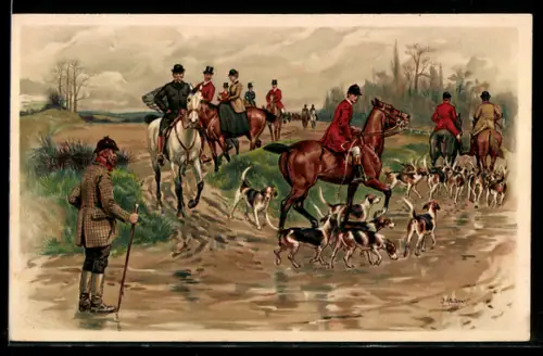 Künstler-AK sign. Stewart: Jagdgesellschaft während der Jagd mit Hunden