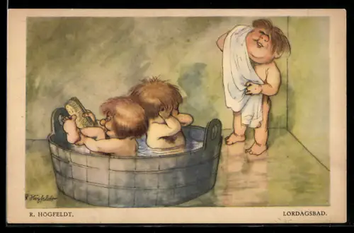 Künstler-AK sign. R. Högfeldt: Lördagsbad, drei Personen vor und nach dem Baden