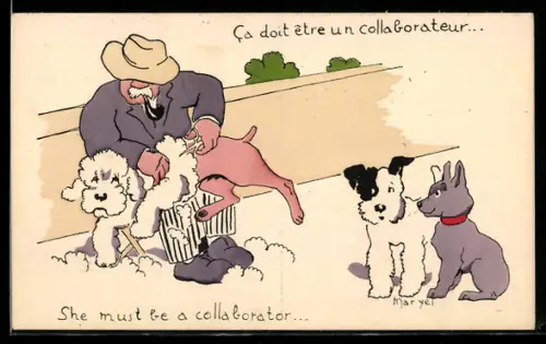 Künstler-AK sign. Maryel: Hunde sehen dabei zu, wie ein Pudel geschoren wird