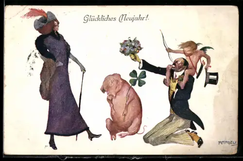 Künstler-AK sign. Amadeu: Eleganter Mann mit Armor auf den Schultern überreicht einer hübschen Dame Blumen