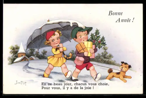 Künstler-AK sign. Jim Patt: Kinder mit Hund und sommerlicher Kleidung auf einer verschneiten Strasse