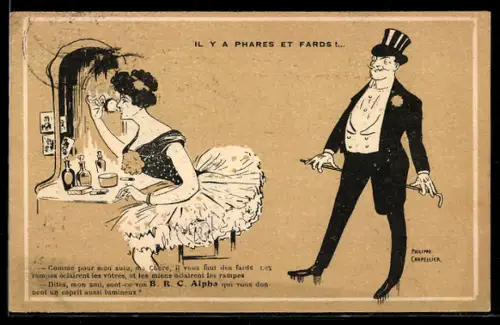 Künstler-AK sign. Philippe Chapellier: Mann im Frack sieht einer Dame beim Schminken zu