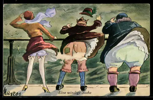 Künstler-AK A gentle breeze, Wind hebt die Röcke von Damen an