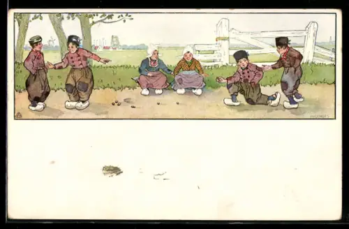 Künstler-AK sign. Melchers: Gruppe von Menschen mit geflickter Kleidung auf einer Landstrasse