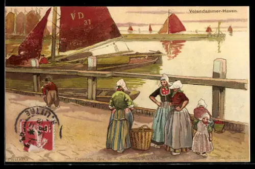 AK Volendam, Hafen, Frauen in Trachten mit Korb, Fischerboot