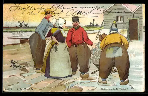 Künstler-AK sign. Edmund G. Fuller: Gruppe von Menschen ist um einen Maler versammelt