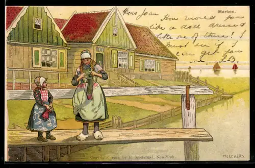 Künstler-AK Melchers: Marken, Holländische Mädchen stricken auf dem Steg
