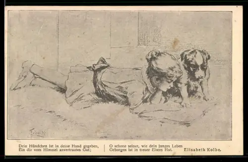 Künstler-AK sign. Fröschl: Mädchen liegt mit einem Hund auf einem Pelz und liest ein Buch