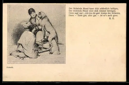 Künstler-AK sign. Fröschl: Hund betrachtet neugierig das Neugeborene mit seiner Mutter