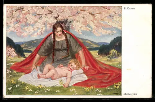 Künstler-AK Mutterglück, Mutter mit Kind unter blühendem Baum