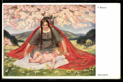 Künstler-AK Mutterglück, Mutter mit Kind unter blühendem Baum
