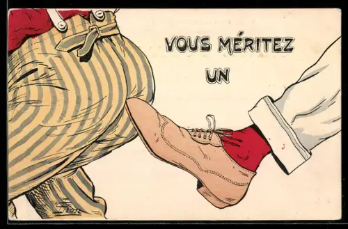 Künstler-AK sign. G. Lion: Jemand tritt einem anderen Menschen in den Hintern