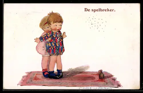 Künstler-AK sign. Madge Williams: Kinder fürchten sich vor einer Maus