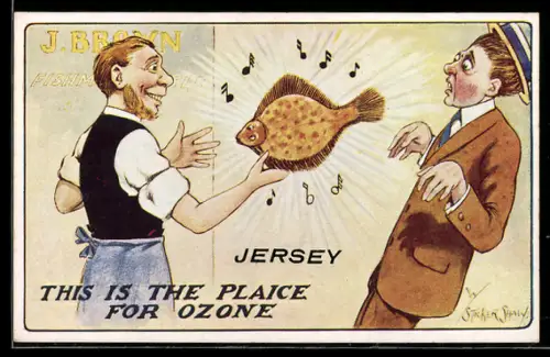 Künstler-AK sign. W. Stocker Shaw: Händler überrascht einen Mann mit einem eigenartigen Fisch