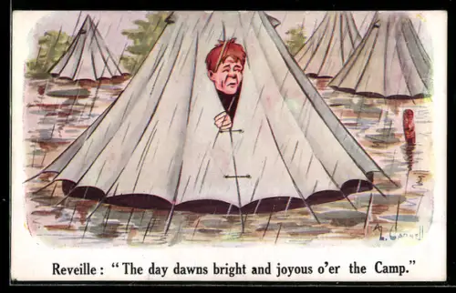 Künstler-AK sign. A. L. Carnell: Camper sieht aus seinem Zelt und ist über den Regen nicht erfreut