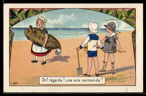 Künstler-AK sign. E. Drot: Kinder am Strand mit einem riesigen Fisch