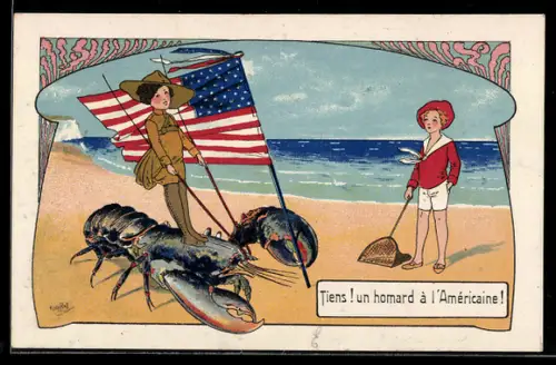 Künstler-AK sign. E. Drot: Menschen am Strand mit einem riesigen Hummer und US-amerikanischer Flagge