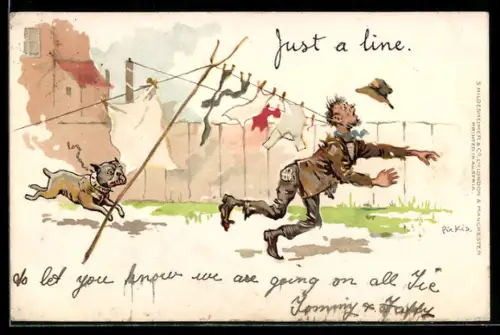 Künstler-AK sign. Pirkis: Vagabund wird von einem Hund gejagt und hängt an einer Wäscheleine fest