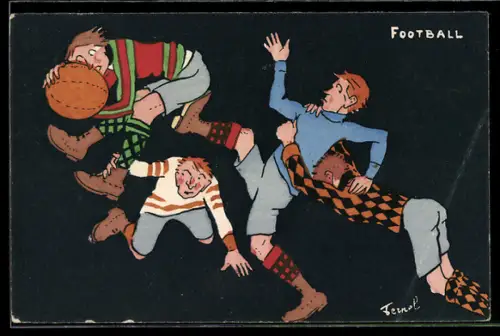 Künstler-AK sign. Fernel: junge Männer geraten beim Fussball in Streit