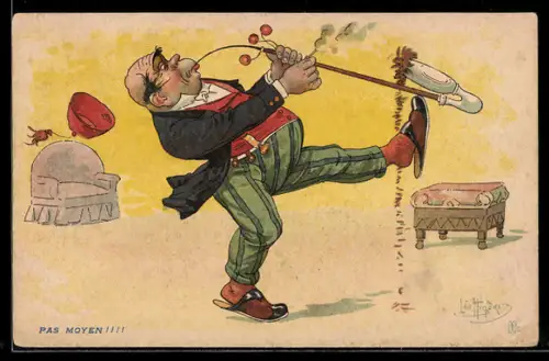 Künstler-AK sign. Leo Hingre: Mann mit Fez versucht seine lange Pfeife anzustecken