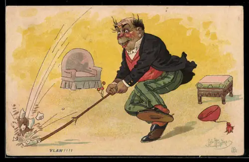 Künstler-AK sign. Leo Hingre: Mann mit Fez schlägt seine Pfeife kaputt