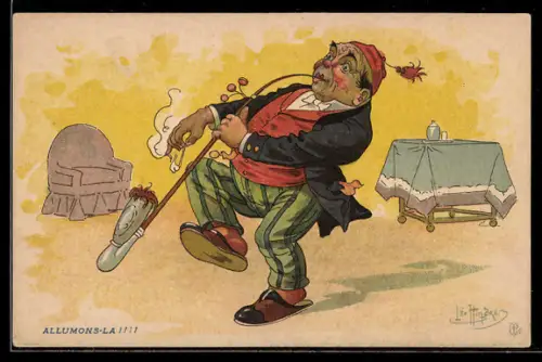 Künstler-AK sign. Leo Hingre: Mann mit Fez raucht seine lange Pfeife