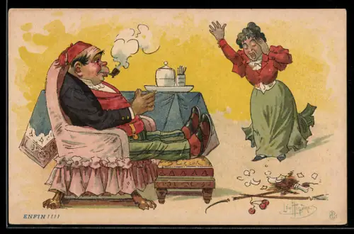 Künstler-AK sign. Leo Hingre: Mann mit Fez hat seine lange Pfeife gegen eine kurze ausgetauscht