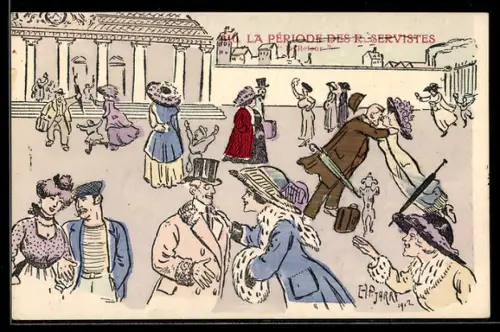 Künstler-AK sign. A. P. Jarry: Ortspartie mit vielen Pärchen, La Période des Réservistes