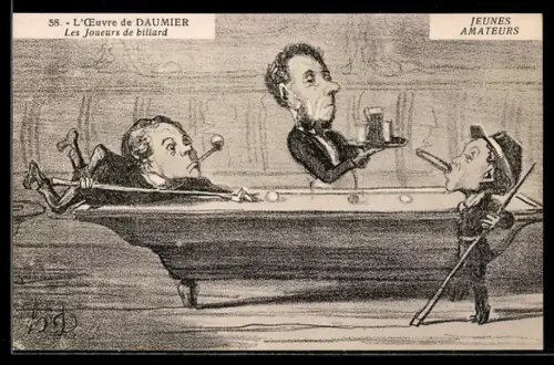 Künstler-AK sign. H. Daumier: Junge Billardspieler in einer verrauchten Bar