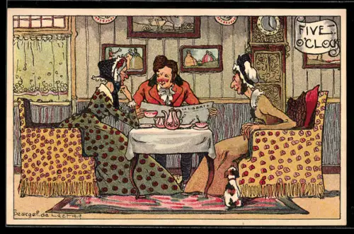 Künstler-AK sign. George P. de Laefigig: Zwei Damen und ein eleganter Herr beim Lesen einer Zeitung