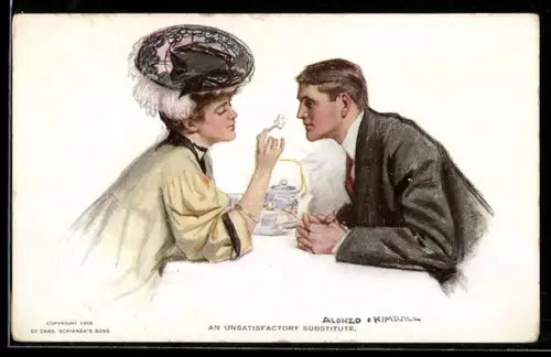 Künstler-AK sign. Alonzo Kimball: Elegantes Paar bei lehnt sich über einen Tisch