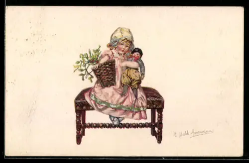 Künstler-AK sign. Meehli-Grosmann: Kind mit Puppe und Korb auf einem Hocker